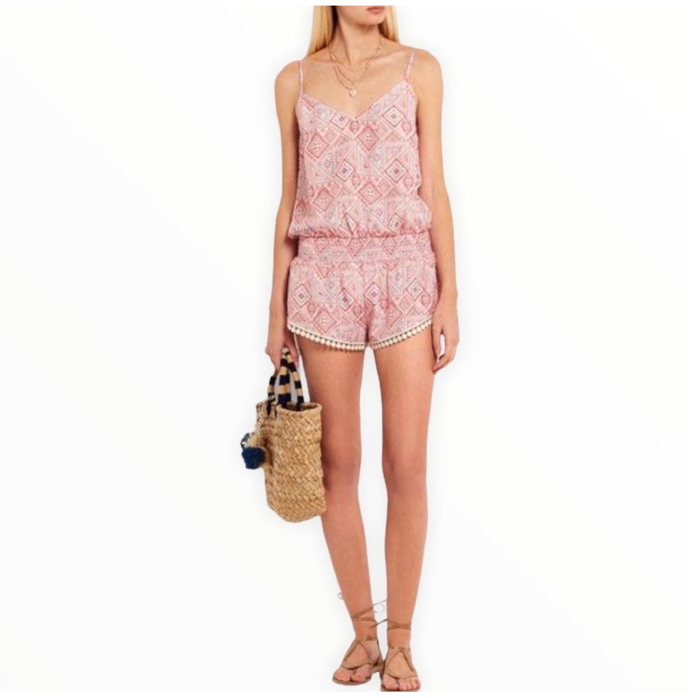 Paloma‎ Blue Silk Pink Geometric Print Crochet Trim
Romper Playsuit size medium